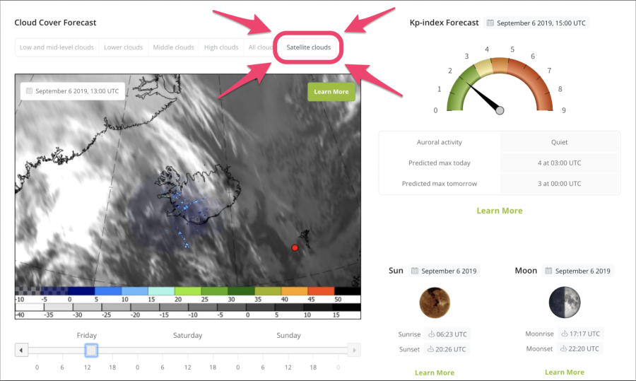 Satellite Thermal Images and Doppler Radar Northern Lights Forecast in Iceland