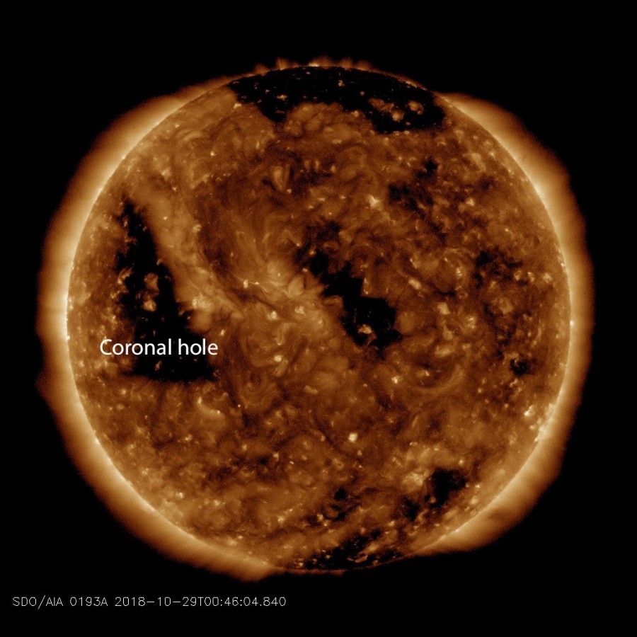 Coronal hole on the Sun, October 29, 2018. Credit. SDO/AIA